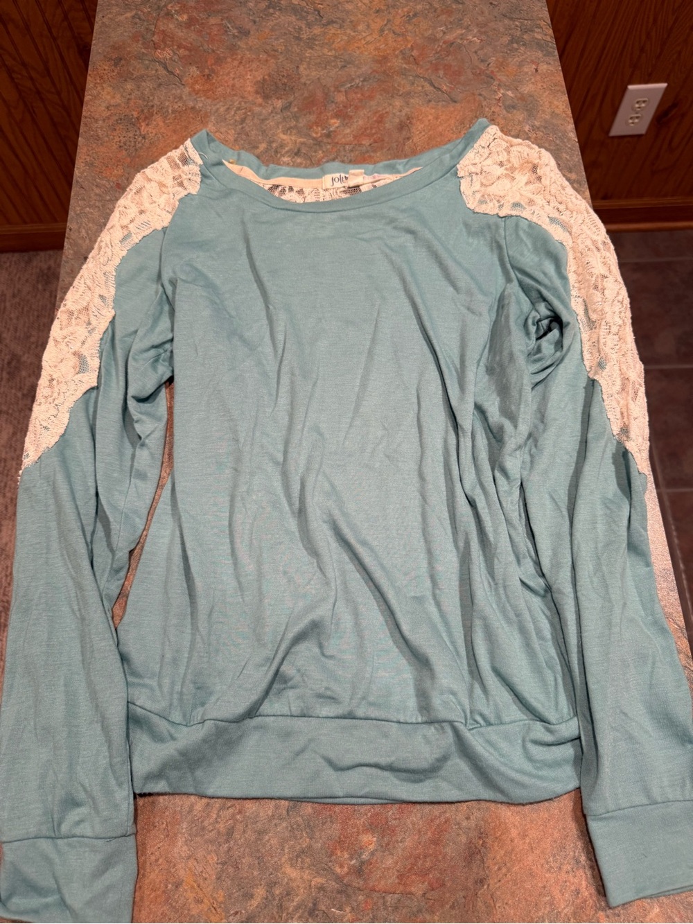 Jolt Light Blue Long Sleeve Top with Cream Lace Trim